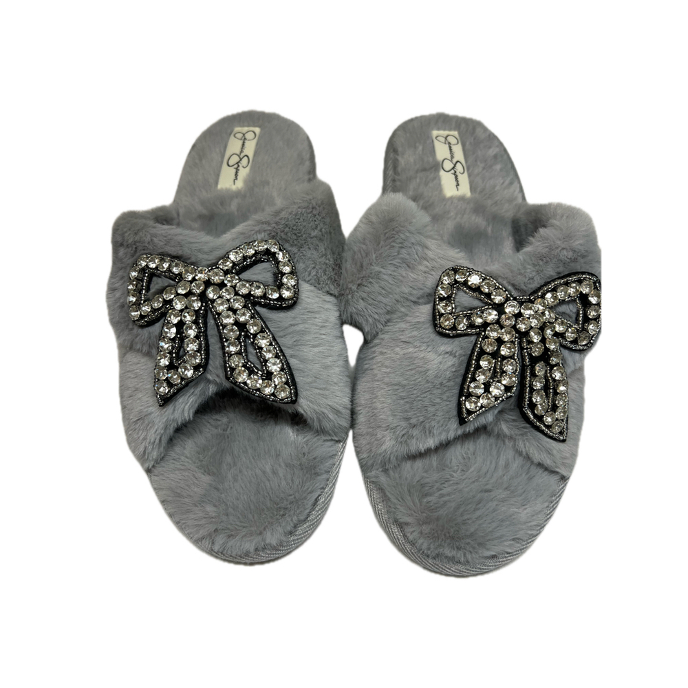 Jessica Simpson fur rhinestone bow alippers L 8-9
